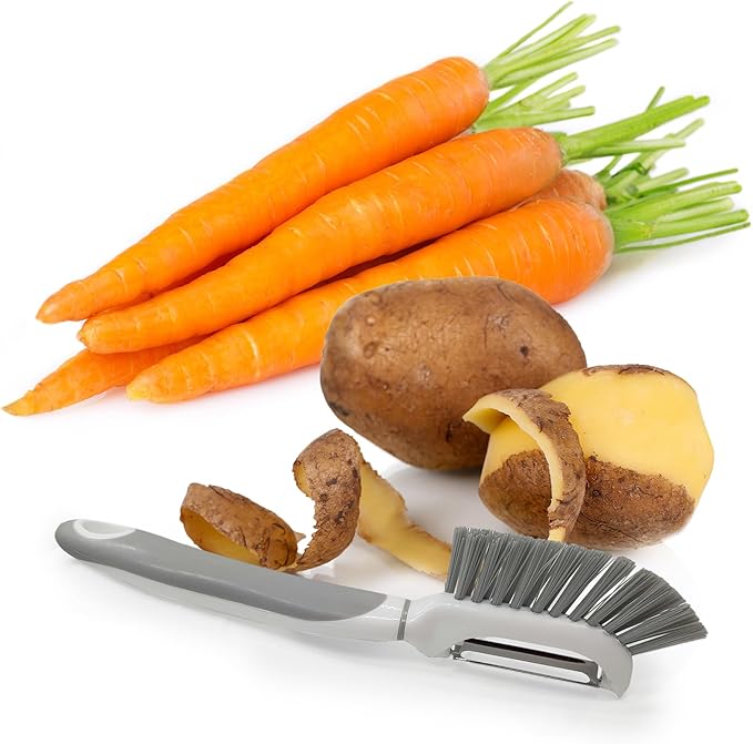 Vegetable Peeler with Brush – Kitchen Discovery – Ergonomic Veggie Peeler with Scrubber Brush for Easy Peeling and Cleaning – Built-in Brush Lifts Soil and Dirt and Helps Remove Waxy Coatings Visit the Kitchen Discovery Store #24827