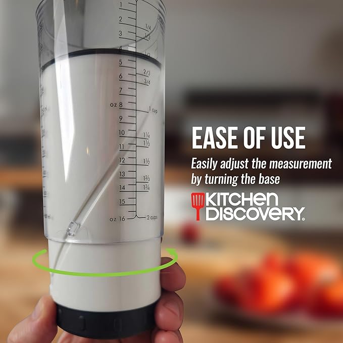 Adjustable Measuring Cup – Kitchen Discovery – 1/8 to 2 Cup Plunger Measuring Cup Ejects Sticky Ingredients Without Waste – Liquid Dry Measuring Cup for Flour, Shortening, Peanut Butter, Mayo  #24913