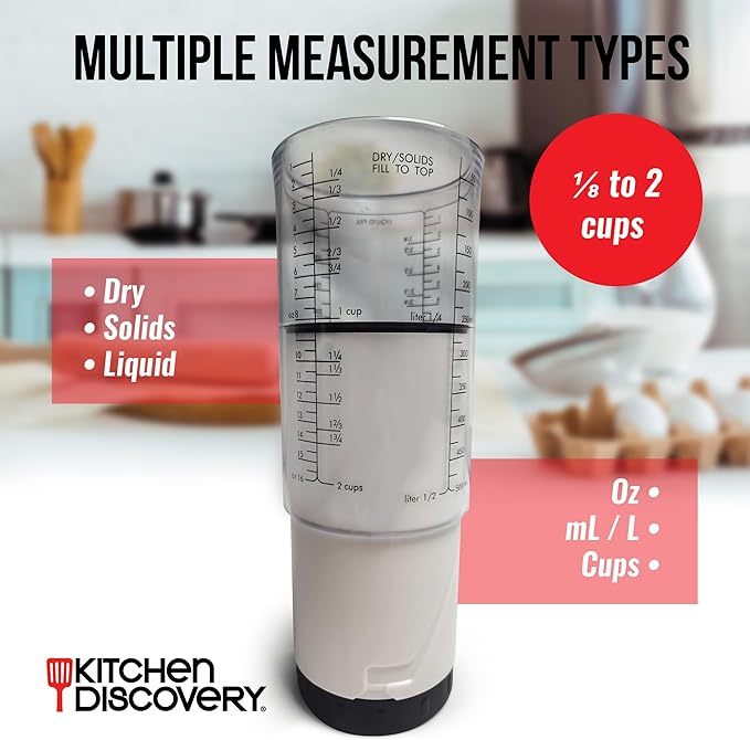 Adjustable Measuring Cup – Kitchen Discovery – 1/8 to 2 Cup Plunger Measuring Cup Ejects Sticky Ingredients Without Waste – Liquid Dry Measuring Cup for Flour, Shortening, Peanut Butter, Mayo  #24913