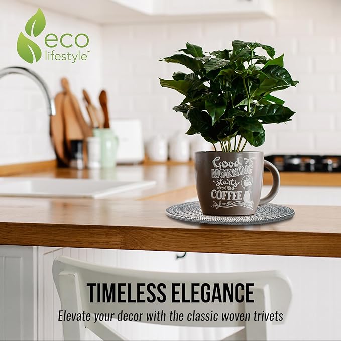 Recycled Woven Trivets – Eco Lifestyle – Set of 3 Round Placemats in 6, 8, and 10 Inch Sizes for Hot Pots and Pans Made Completely from Recycled Materials – Woven Trivets for Hot Dishes - Light Gray  #33366