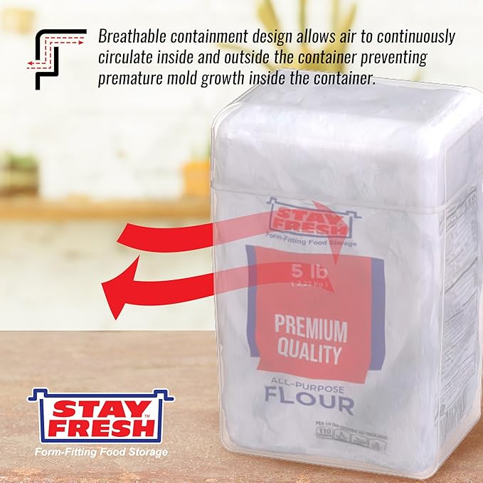 Stay Fresh™ Clear Flour Storage Container - Plastic Container for Kitchen Pantry - Holds 5LB Bag of Flour - Large Form Fitting Food Keeper  #7054 AM