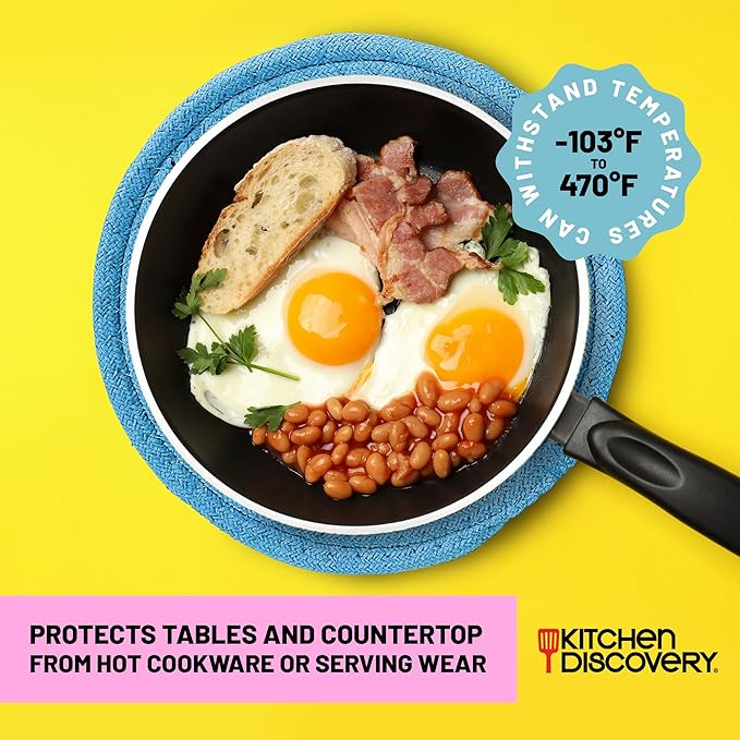 Trivets for Hot Pots and Pans - Kitchen Discovery 8" Chenille Trivets - Set of 3 Large Woven Pot Pads for Serving Hot or Cold Dishes and Protecting Your Table, Countertop or Island, Faded Denim  #33211