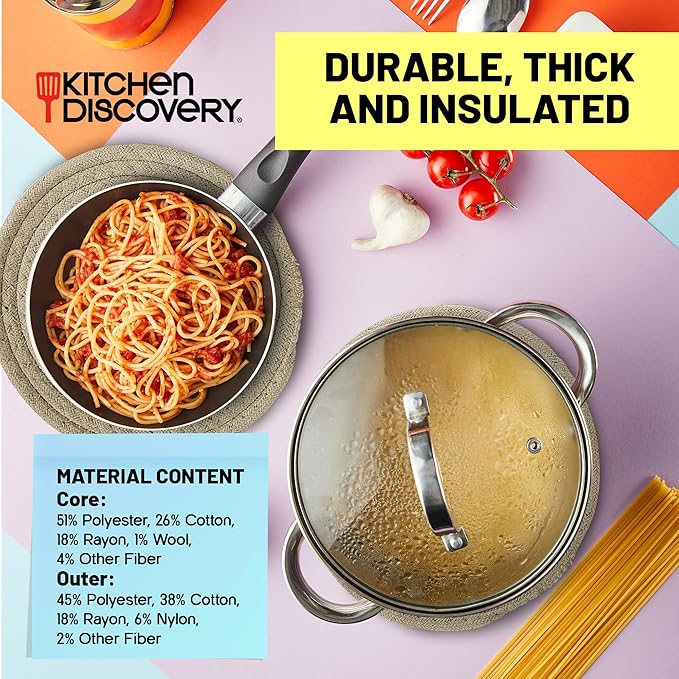 Trivets for Hot Pots and Pans - Kitchen Discovery 8" Chenille Trivets - Set of 3 Large Woven Hot Pan Holders. Decorative Dining Table Accessories Protect Table, Countertop, or Island, Beige  #33157