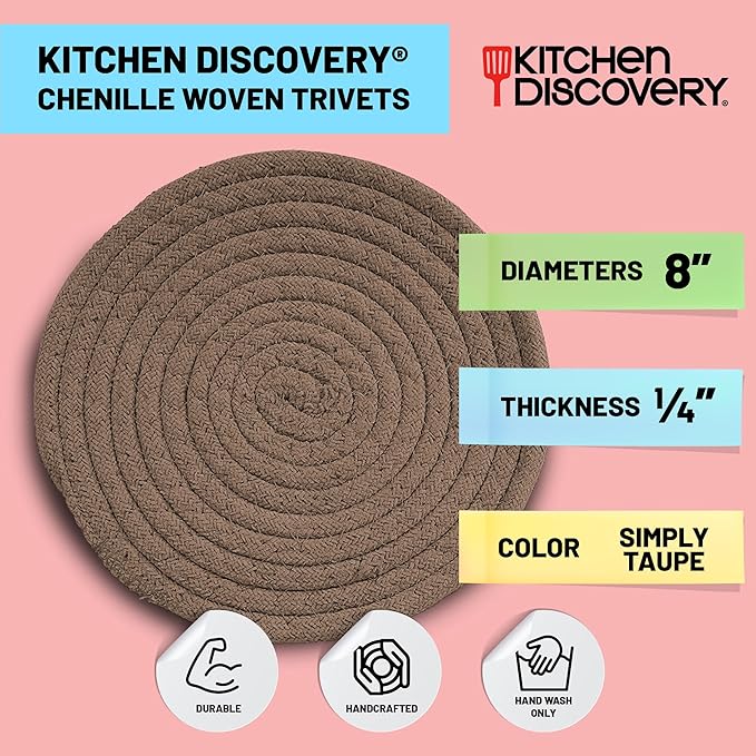 Trivets for Hot Pots and Pans - Kitchen Discovery 8" Chenille Trivets - Set of 3 Large Woven Hot Pan Holders. Decorative Dining Table Accessories Protect Table, Countertop, or Island, Simply Taupe  #33209