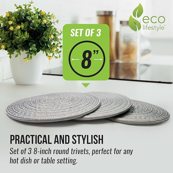 8 Inch Recycled Woven Trivets – Eco Lifestyle – Set of 3 Placemats for Hot Pots and Pans Made Completely from Recycled Materials – Woven Trivets for Hot Dishes - Light Gray   #33360