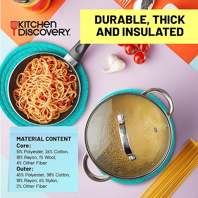 Trivets for Hot Pots and Pans - Kitchen Discovery 8" Chenille Trivets - Set of 3 Large Woven Hot Pan Holders. Decorative Dining Table Accessories Protect Table, Countertop, or Island, Turquoise  #33167