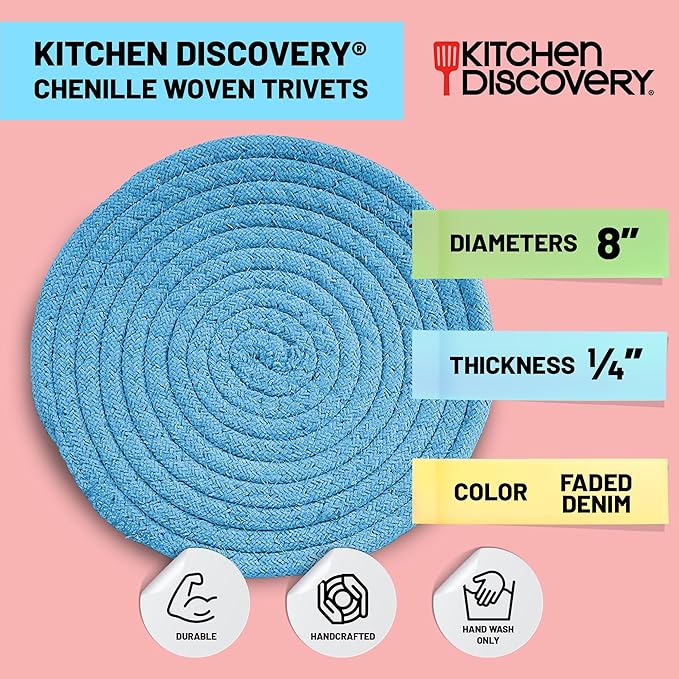 Trivets for Hot Pots and Pans - Kitchen Discovery 8" Chenille Trivets - Set of 3 Large Woven Pot Pads for Serving Hot or Cold Dishes and Protecting Your Table, Countertop or Island, Faded Denim  #33211