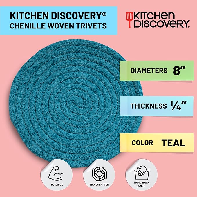 Trivets for Hot Pots and Pans - Kitchen Discovery 8" Chenille Trivets - Set of 3 Large Woven Hot Pan Holders. Decorative Dining Table Accessories Protect Table, Countertop, or Island, Teal  #33159