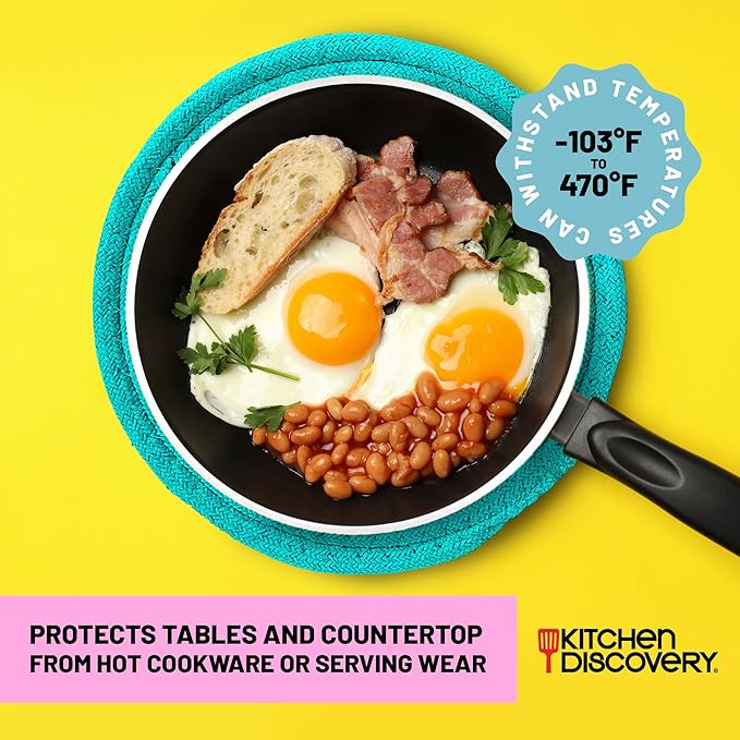 Trivets for Hot Pots and Pans - Kitchen Discovery 8" Chenille Trivets - Set of 3 Large Woven Hot Pan Holders. Decorative Dining Table Accessories Protect Table, Countertop, or Island, Turquoise  #33167