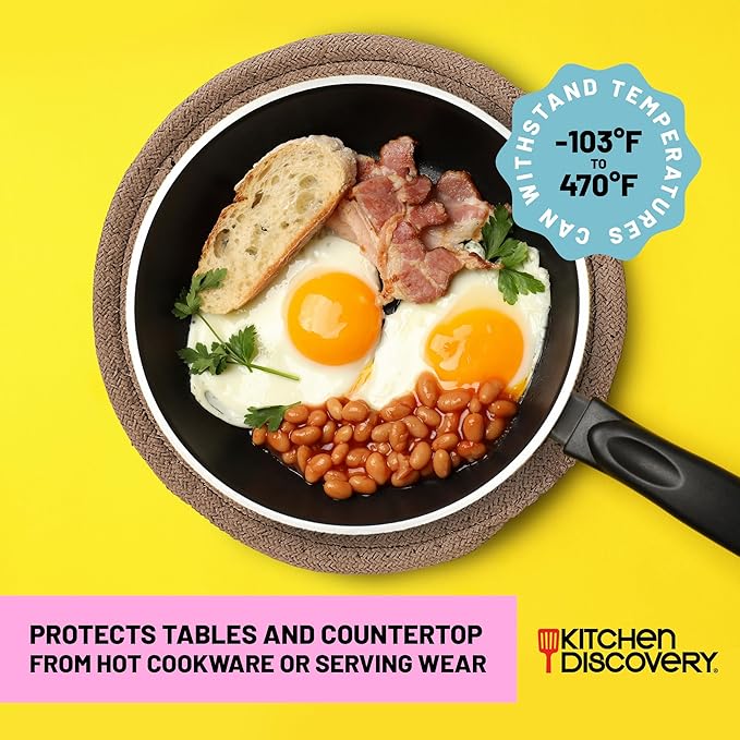 Trivets for Hot Pots and Pans - Kitchen Discovery 8" Chenille Trivets - Set of 3 Large Woven Hot Pan Holders. Decorative Dining Table Accessories Protect Table, Countertop, or Island, Camel  #33216