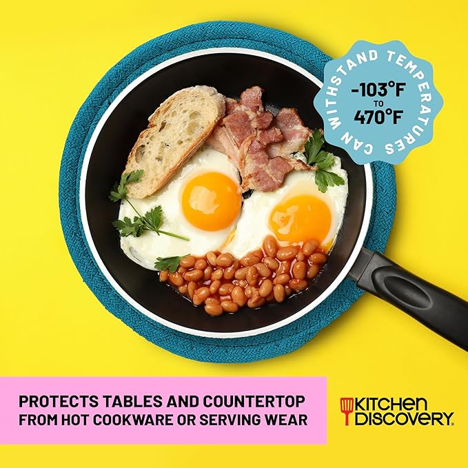 Trivets for Hot Pots and Pans - Kitchen Discovery 8" Chenille Trivets - Set of 3 Large Woven Hot Pan Holders. Decorative Dining Table Accessories Protect Table, Countertop, or Island, Teal  #33159