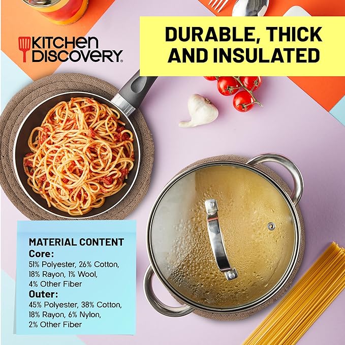 Trivets for Hot Pots and Pans - Kitchen Discovery 8" Chenille Trivets - Set of 3 Large Woven Hot Pan Holders. Decorative Dining Table Accessories Protect Table, Countertop, or Island, Camel  #33216