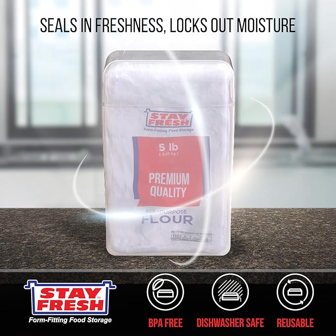 Stay Fresh™ Clear Flour Storage Container - Plastic Container for Kitchen Pantry - Holds 5LB Bag of Flour - Large Form Fitting Food Keeper  #7054 AM