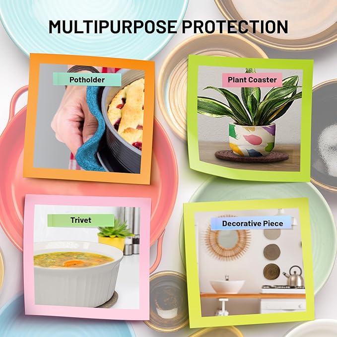 Trivets for Hot Pots and Pans - Kitchen Discovery 8" Chenille Trivets - Set of 3 Large Woven Hot Pan Holders. Decorative Dining Table Accessories Protect Table, Countertop, or Island, Beige  #33157