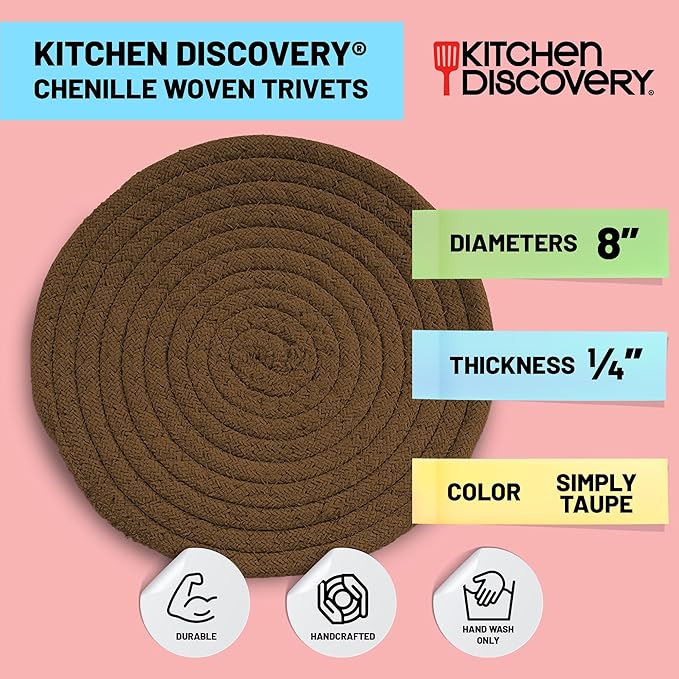 Trivets for Hot Pots and Pans - Kitchen Discovery 8" Chenille Trivets - Set of 3 Large Woven Hot Pan Holders. Decorative Dining Table Accessories Protect Table, Countertop, or Island, Mocha  #33207