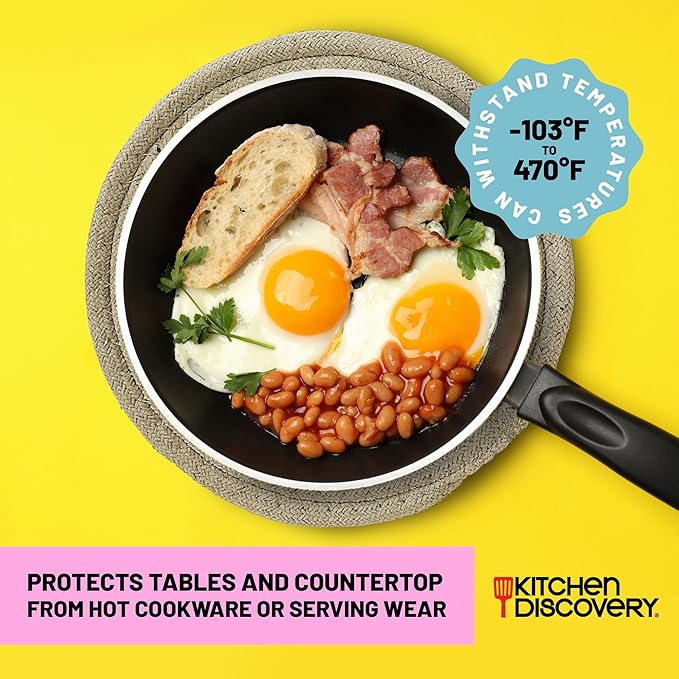 Trivets for Hot Pots and Pans - Kitchen Discovery 8" Chenille Trivets - Set of 3 Large Woven Hot Pan Holders. Decorative Dining Table Accessories Protect Table, Countertop, or Island, Beige  #33157