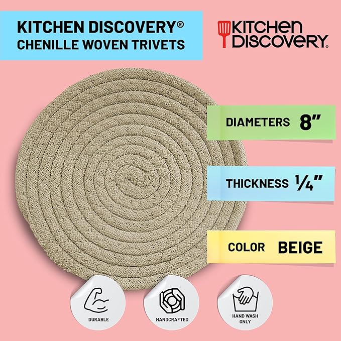 Trivets for Hot Pots and Pans - Kitchen Discovery 8" Chenille Trivets - Set of 3 Large Woven Hot Pan Holders. Decorative Dining Table Accessories Protect Table, Countertop, or Island, Beige  #33157