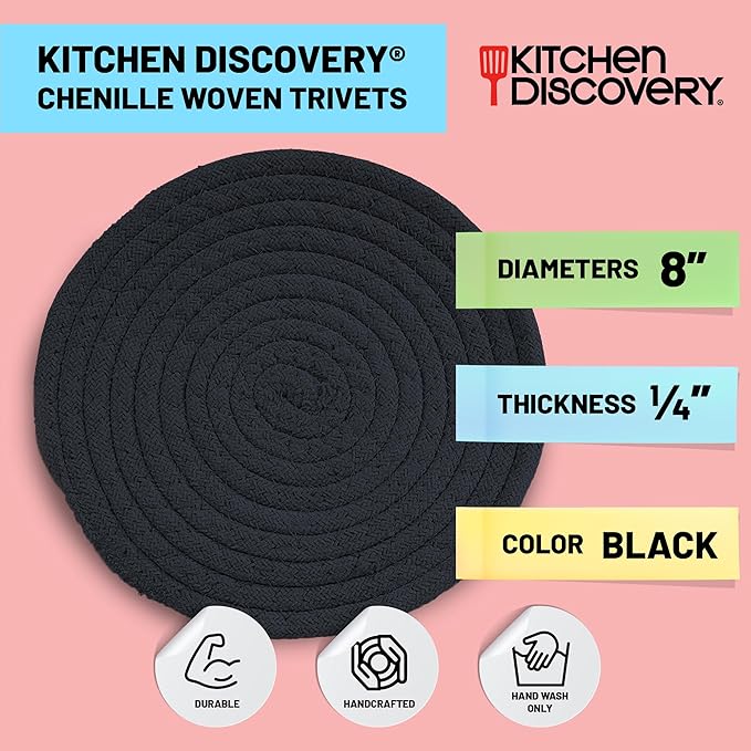 Trivets for Hot Pots and Pans - Kitchen Discovery 8" Chenille Trivets - Set of 3 Large Woven Hot Pan Holders. Decorative Dining Table Accessories Protect Table, Countertop, or Island, Black  #33163