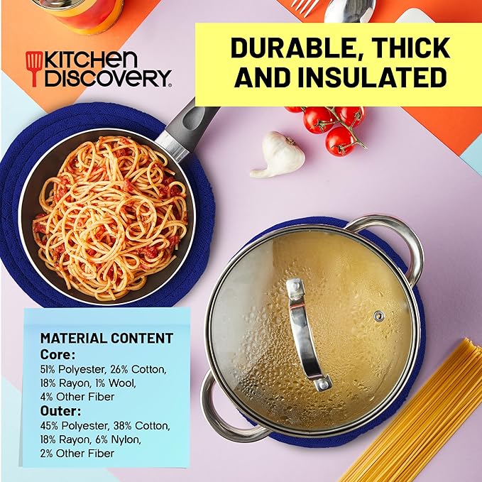 Trivets for Hot Pots and Pans - Kitchen Discovery 8" Chenille Trivets - Set of 3 Large Woven Hot Pan Holders. Decorative Dining Table Accessories Protect Table, Countertop, or Island, Classic Blue  #33212