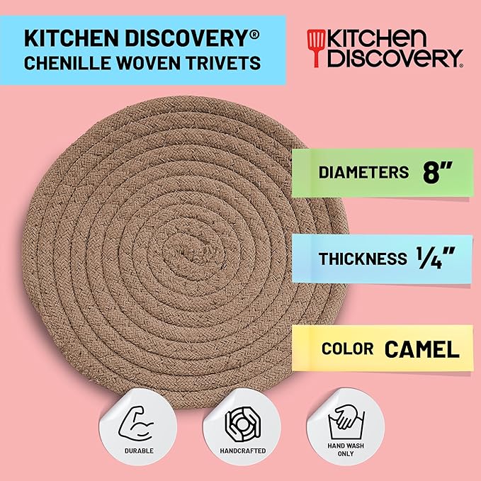 Trivets for Hot Pots and Pans - Kitchen Discovery 8" Chenille Trivets - Set of 3 Large Woven Hot Pan Holders. Decorative Dining Table Accessories Protect Table, Countertop, or Island, Camel  #33216