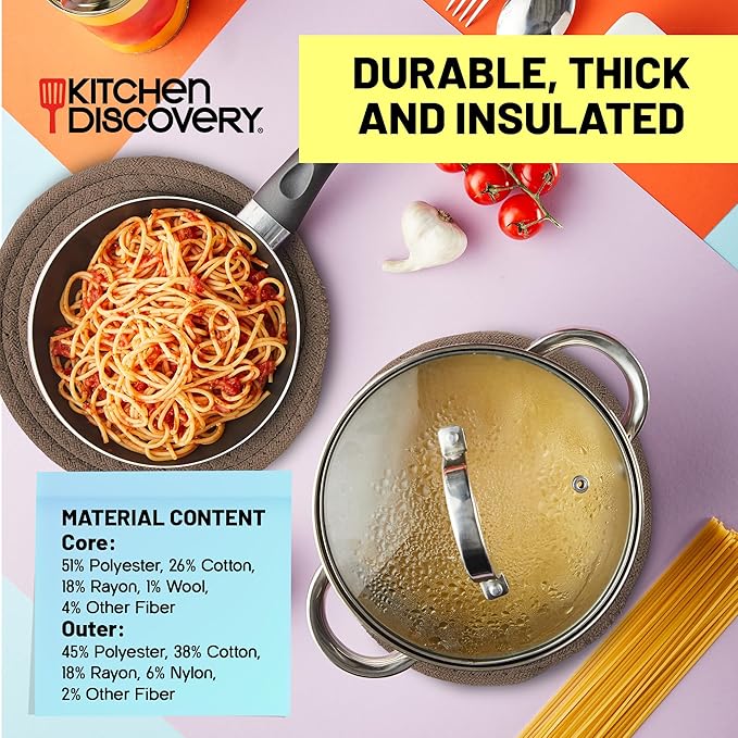 Trivets for Hot Pots and Pans - Kitchen Discovery 8" Chenille Trivets - Set of 3 Large Woven Hot Pan Holders. Decorative Dining Table Accessories Protect Table, Countertop, or Island, Simply Taupe  #33209