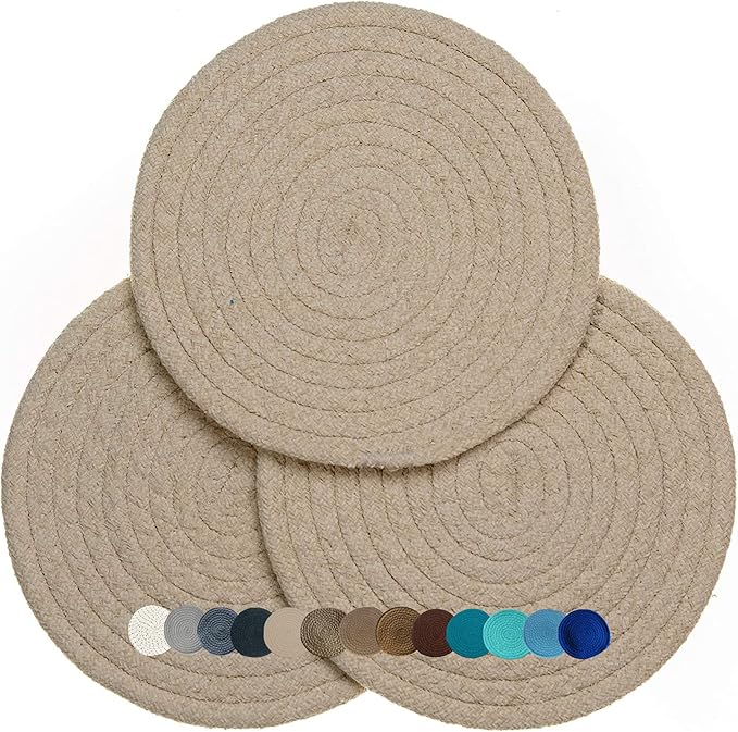 Trivets for Hot Pots and Pans - Kitchen Discovery 8" Chenille Trivets - Set of 3 Large Woven Hot Pan Holders. Decorative Dining Table Accessories Protect Table, Countertop, or Island, Beige #33157
