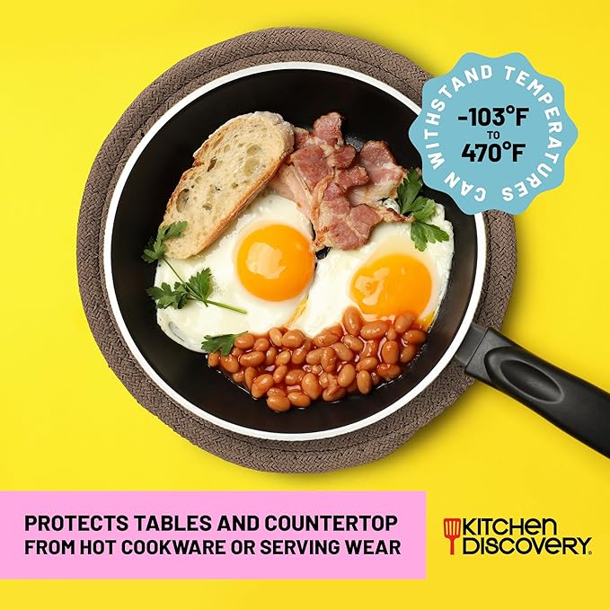 Trivets for Hot Pots and Pans - Kitchen Discovery 8" Chenille Trivets - Set of 3 Large Woven Hot Pan Holders. Decorative Dining Table Accessories Protect Table, Countertop, or Island, Simply Taupe  #33209