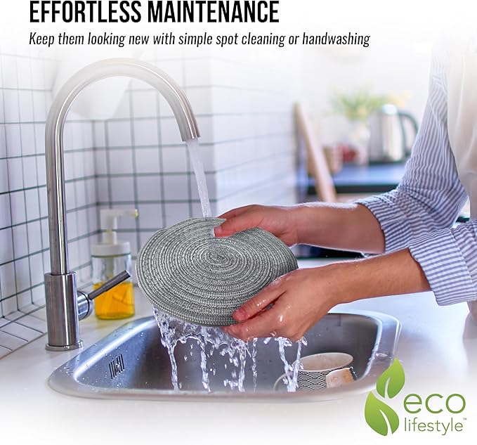 Recycled Woven Trivets – Eco Lifestyle – Set of 3 Round Placemats in 6, 8, and 10 Inch Sizes for Hot Pots and Pans Made Completely from Recycled Materials – Woven Trivets for Hot Dishes - Light Gray  #33366