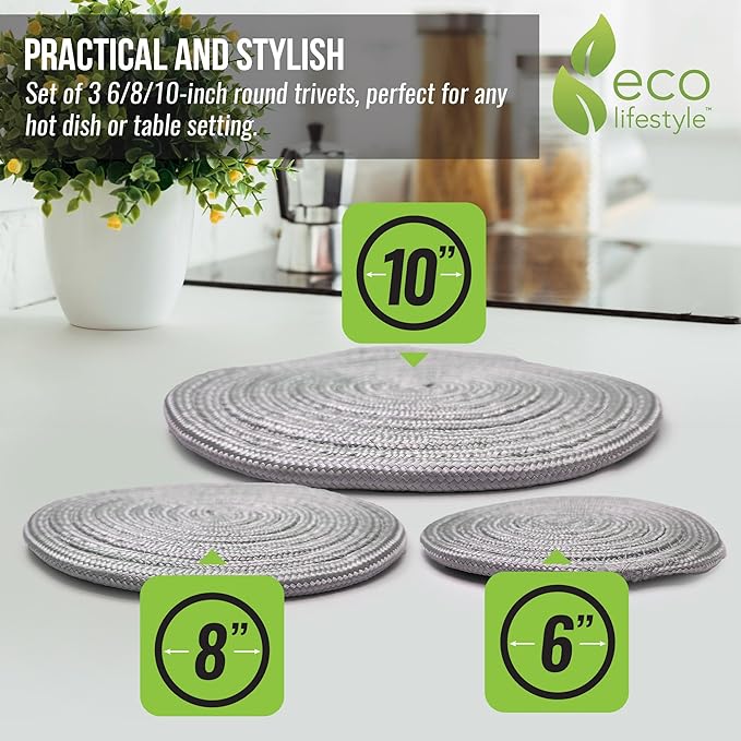 Recycled Woven Trivets – Eco Lifestyle – Set of 3 Round Placemats in 6, 8, and 10 Inch Sizes for Hot Pots and Pans Made Completely from Recycled Materials – Woven Trivets for Hot Dishes - Light Gray  #33366