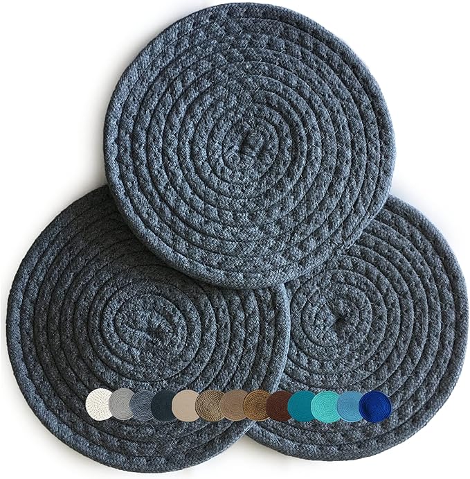 Trivets for Hot Pots and Pans - Kitchen Discovery 8" Chenille Trivets - Set of 3 Large Woven Hot Pan Holders. Decorative Dining Table Accessories Protect Table, Countertop, or Island, Charcoal Gray# 33195