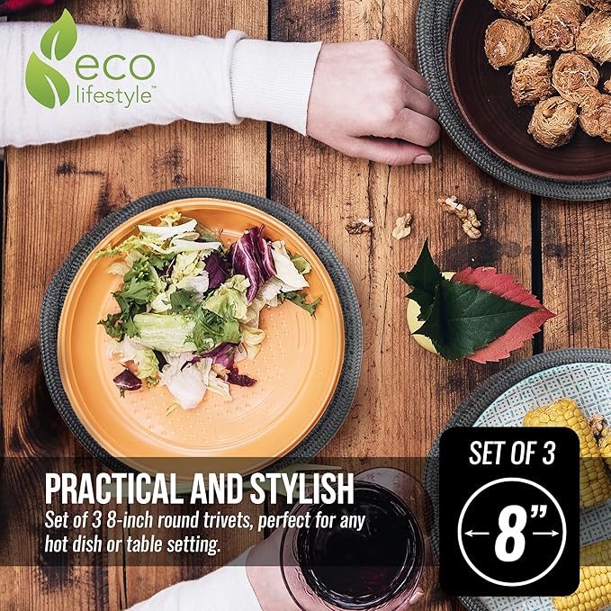 8 Inch Woven Bamboo Trivets – Eco Lifestyle – Set of 3 Round Placemats for Hot Pots and Pans Made from Sustainable Bamboo Fibers – Woven Trivets for Hot Dishes - Charcoal Gray  #33359