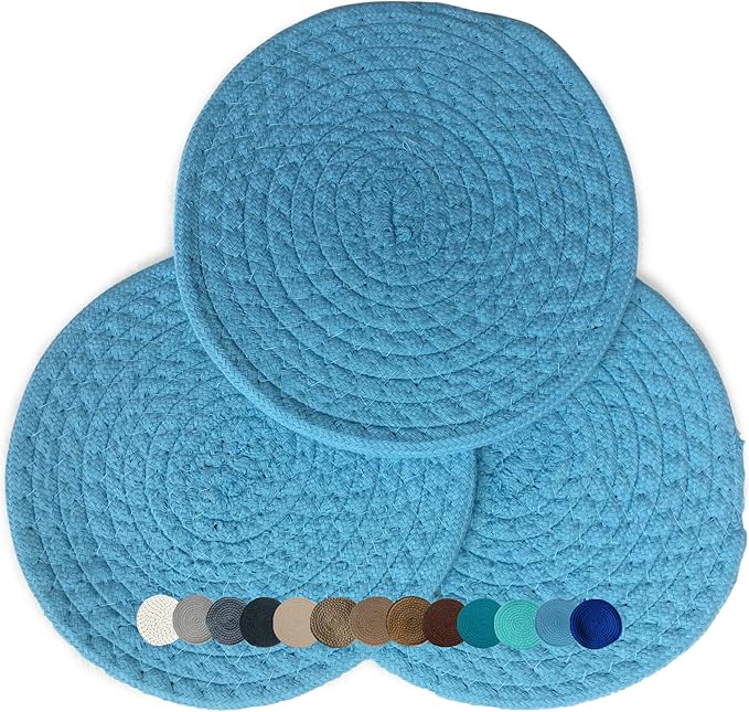 Trivets for Hot Pots and Pans - Kitchen Discovery 8" Chenille Trivets - Set of 3 Large Woven Pot Pads for Serving Hot or Cold Dishes and Protecting Your Table, Countertop or Island, Faded Denim #33211