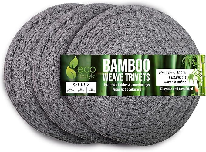 8 Inch Woven Bamboo Trivets – Eco Lifestyle – Set of 3 Round Placemats for Hot Pots and Pans Made from Sustainable Bamboo Fibers – Woven Trivets for Hot Dishes - Charcoal Gray #33359
