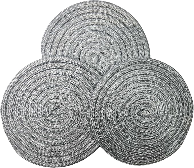 8 Inch Recycled Woven Trivets – Eco Lifestyle – Set of 3 Placemats for Hot Pots and Pans Made Completely from Recycled Materials – Woven Trivets for Hot Dishes - Light Gray #33360
