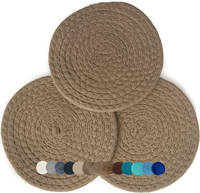 Trivets for Hot Pots and Pans - Kitchen Discovery 8" Chenille Trivets - Set of 3 Large Woven Hot Pan Holders. Decorative Dining Table Accessories Protect Table, Countertop, or Island, Camel #33216