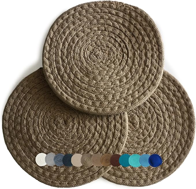 Trivets for Hot Pots and Pans - Kitchen Discovery 8" Chenille Trivets - Set of 3 Large Woven Hot Pan Holders. Decorative Dining Table Accessories Protect Table, Countertop, or Island, Simply Taupe #33209