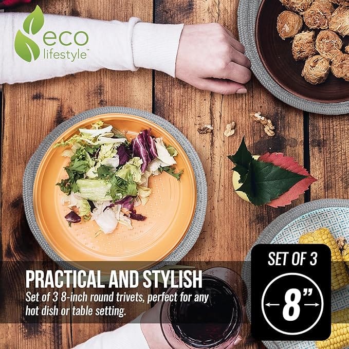 8 Inch Woven Bamboo Trivets – Eco Lifestyle – Set of 3 Round Placemats for Hot Pots and Pans Made from Sustainable Bamboo Fibers – Woven Trivets for Hot Dishes - Light Gray  #33358