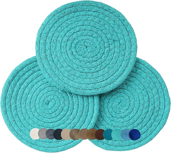 Trivets for Hot Pots and Pans - Kitchen Discovery 8" Chenille Trivets - Set of 3 Large Woven Hot Pan Holders. Decorative Dining Table Accessories Protect Table, Countertop, or Island, Turquoise #33167