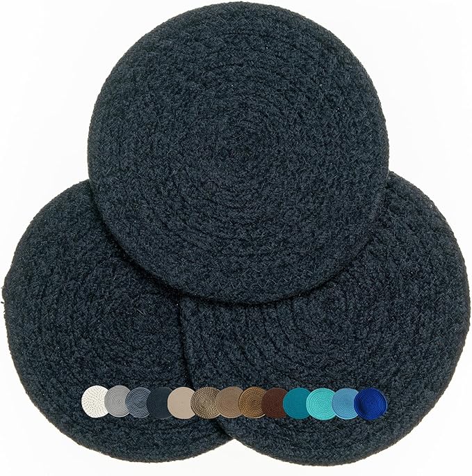 Trivets for Hot Pots and Pans - Kitchen Discovery 8" Chenille Trivets - Set of 3 Large Woven Hot Pan Holders. Decorative Dining Table Accessories Protect Table, Countertop, or Island, Black #33163