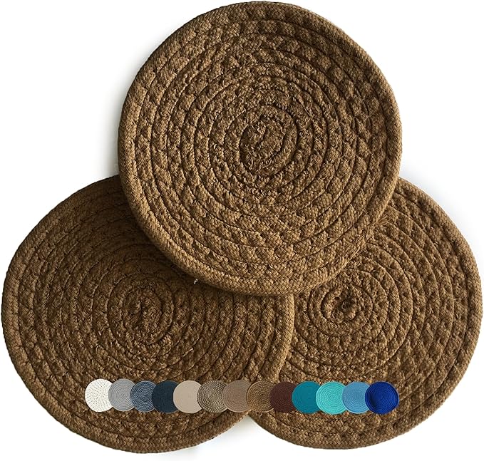 Trivets for Hot Pots and Pans - Kitchen Discovery 8" Chenille Trivets - Set of 3 Large Woven Hot Pan Holders. Decorative Dining Table Accessories Protect Table, Countertop, or Island, Mocha #33207