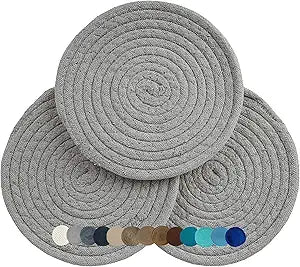 Trivets for Hot Pots and Pans - Kitchen Discovery 8" Chenille Trivets - Set of 3 Large Woven Hot Pan Holders. Decorative Dining Table Accessories Protect Table, Countertop, or Island, Gray #33166