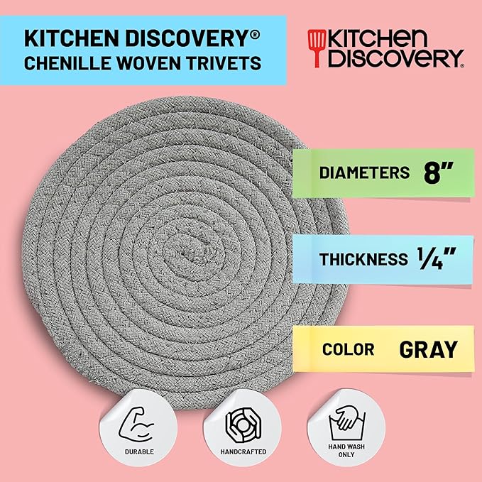 Trivets for Hot Pots and Pans - Kitchen Discovery 8" Chenille Trivets - Set of 3 Large Woven Hot Pan Holders. Decorative Dining Table Accessories Protect Table, Countertop, or Island, Gray  #33166