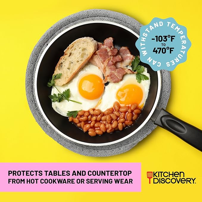 Trivets for Hot Pots and Pans - Kitchen Discovery 8" Chenille Trivets - Set of 3 Large Woven Hot Pan Holders. Decorative Dining Table Accessories Protect Table, Countertop, or Island, Gray  #33166