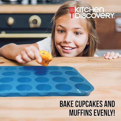 Kitchen Discovery Silicone Mini Muffin Pan Bakes 24 Adorable Mini Cupcakes or Muffins without Sticking – Mini Silicone Molds Release with a Press, Easy to Clean