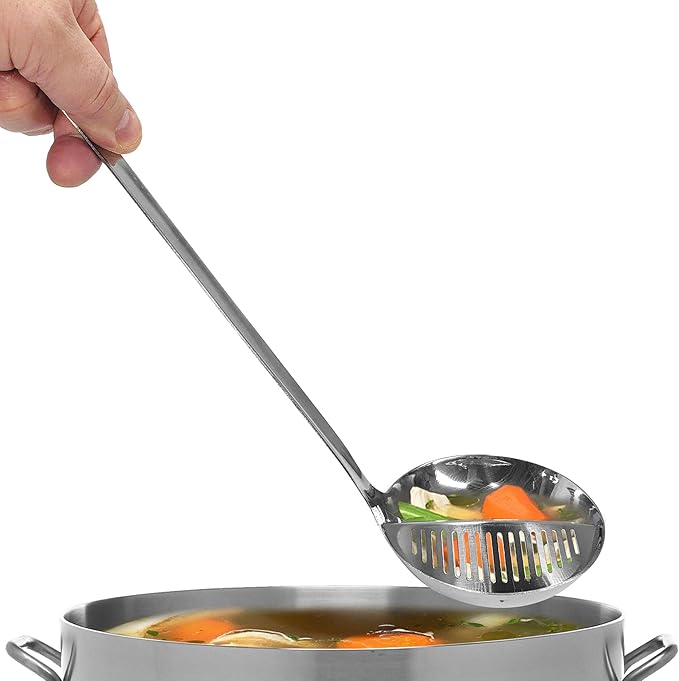 Stainless Steel Straining Ladle – Kitchen Discovery – 2 in 1 Strainer Ladle for Soups and Stews Drains Liquids from Solids. Serving Ladle with Built In Strainer is Safe in Boiling Water and Hot Oil