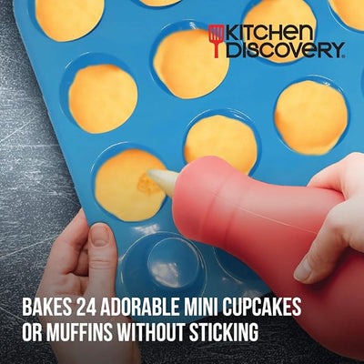 Kitchen Discovery Silicone Mini Muffin Pan Bakes 24 Adorable Mini Cupcakes or Muffins without Sticking – Mini Silicone Molds Release with a Press, Easy to Clean