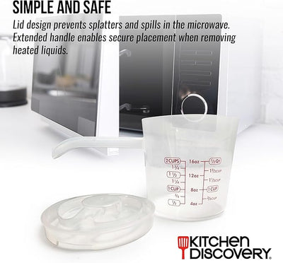 Microwavable Measuring Cup – Kitchen Discovery – 2 Cup Plastic Measuring Cup with Spout, Lid, and Extended Handle for Safe Boiling and Pouring – Microwave Safe Measuring Cup