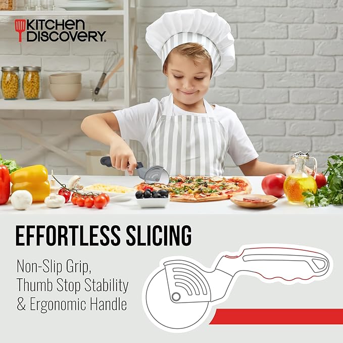 Stainless Steel Pizza Cutter – Kitchen Discovery – Pizza Wheel Cutter Slices Cleanly Through Gooey Cheese, Thick Toppings and Crispy Crust – Built In Safety Features Protect Hands