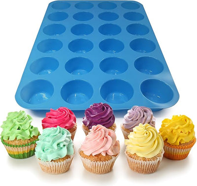 Kitchen Discovery Silicone Mini Muffin Pan Bakes 24 Adorable Mini Cupcakes or Muffins without Sticking – Mini Silicone Molds Release with a Press, Easy to Clean