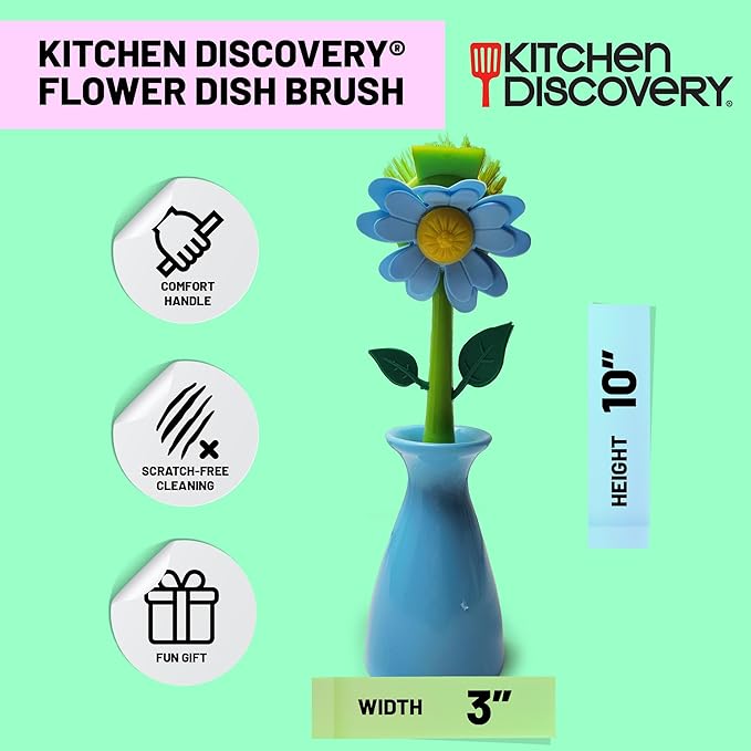 Cute Dish Brush with Holder – Kitchen Discovery – Daisy in a Vase Brightens the Sink Area While Keeping a Kitchen Dish Brush with Stand at Hand – Fun Gift for Fans of Cute Cleaning Supplies